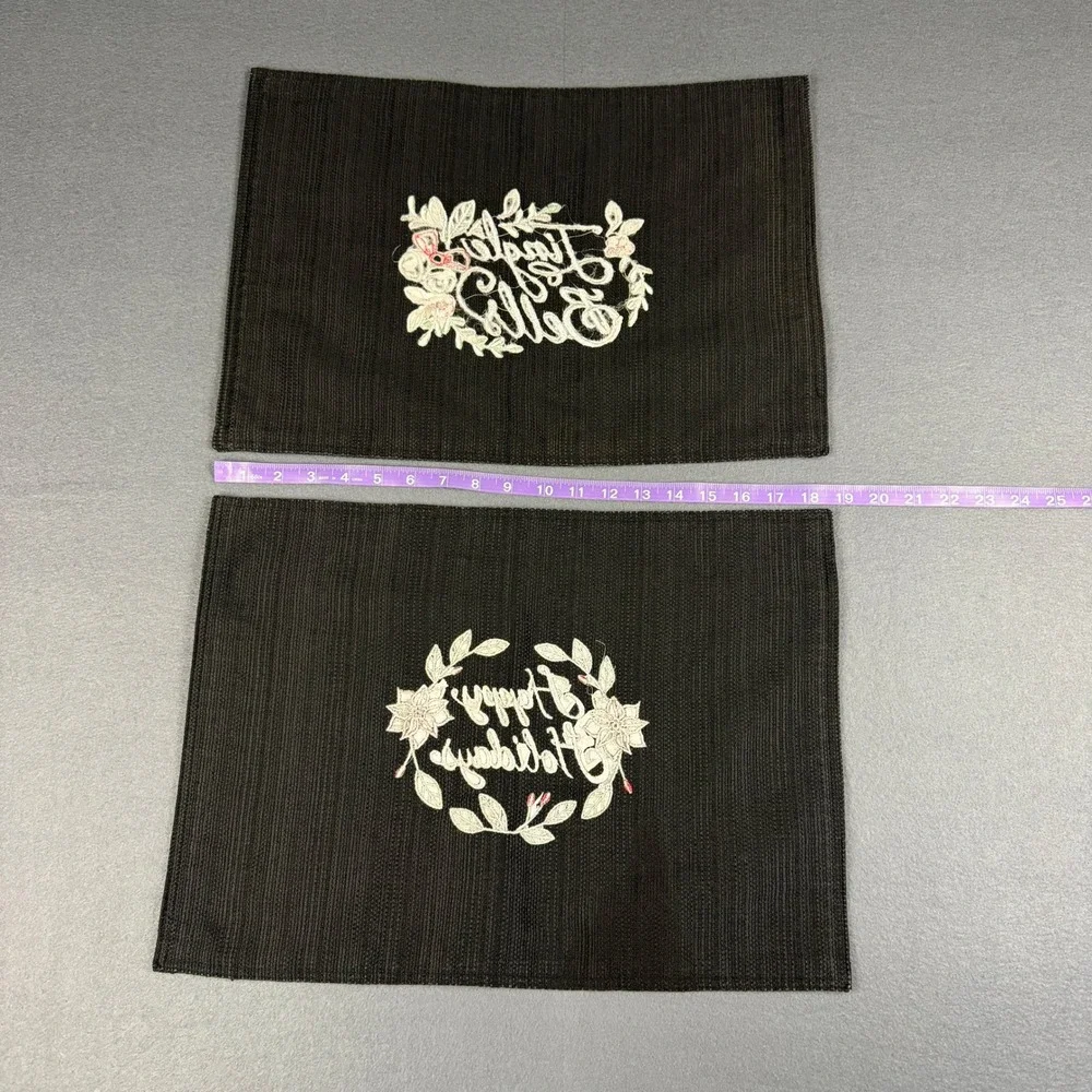 Lot of 4 Christmas Black Dark Fabric Rectangular Placemats Cursive Metallic READ